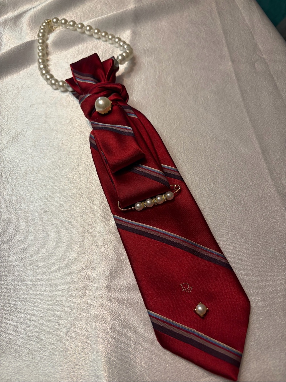 Dior Red Striped Silk Scarf Tie with Pearl Accents